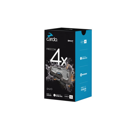 Cardo Freecom 4X - Helft van Duo met retaildoos en inlaycards - 2 jaar garantie * komt niet in aanmerking voor evt. cashback promo Cardo Freecom 4X - Helft van Duo met retaildoos en inlaycards - 2 jaar garantie * komt niet in aanmerking voor evt. cashback promo